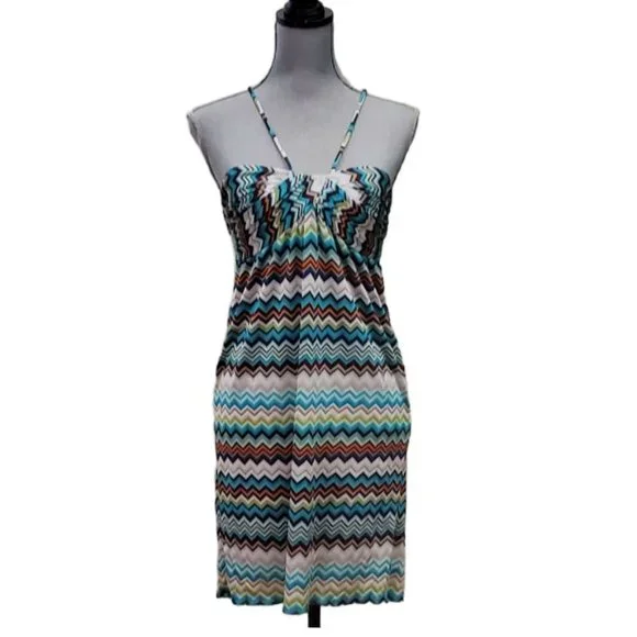 Trina Turk Ruched Sweetheart Halter Midi Dress | EUC | 6 | Blue Tan Multicolor - Picture 1 of 15